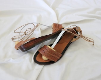 leather + wood ankle tie wrap sandals - 8