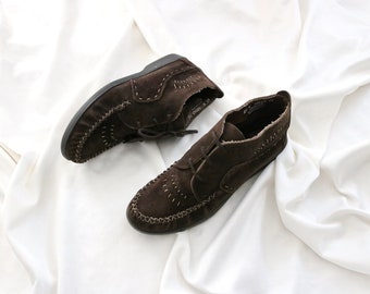 chocolate suede moccasin boots 8.5