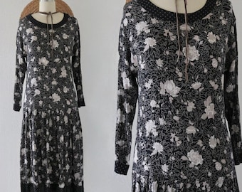 black floral rayon dress - m - vintage 90s y2k long sleeve drop waist cute cottage cottagecore size medium midi dress