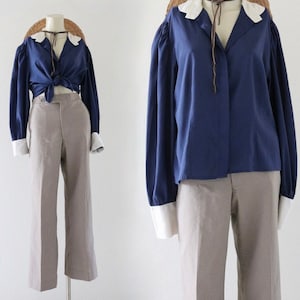 navy puff shoulder button blouse - m - vintage 70s 80s dark blue soft long sleeve womens size medium shirt top