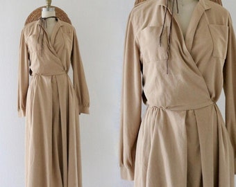 70s golden wrap top dress - s - vintage 60s 70s womens tan brown minimal boho size small long sleeve beige with pockets