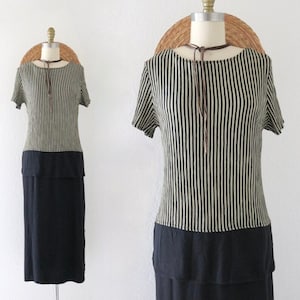 stripe double layer dress - m - womens vintage 90s y2k black striped long size medium maxi dress short sleeve minimal