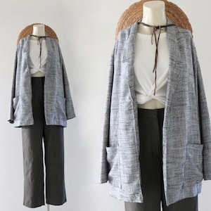 woven lightweight jacket - l - vintage 90s y2k black white womens blazer sport coat light long sleeve classic academia library coat
