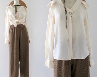 Vintage Silk Blouse Silk Shirt Silk Top Button Down Cream Beige 