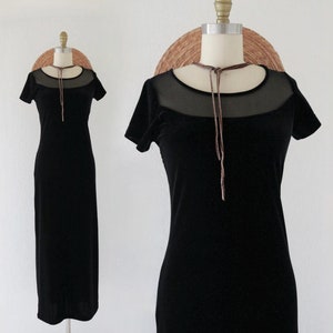 90&#39;s iconic black velour dress - s - vintage womens 90s 1990s minimal holiday Christmas body con long maxi dress size small