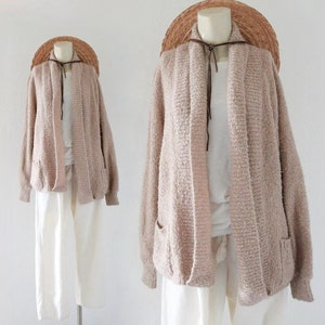 beige boucle cardigan - m - vintage 80s 90s brown womens size medium minimal sweater