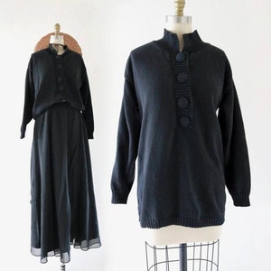 black button front pullover sweater - s - vintage 80s 90s womens size small pullover natural cotton long sleeve top drop shoulder