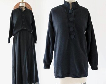 black button front pullover sweater - s - vintage 80s 90s womens size small pullover natural cotton long sleeve top drop shoulder