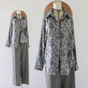 botanical button down - m - vintage 90s y2k long sleeve floral medium blouse shirt top