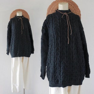 mixed knit sweater - m - vintage 80s 90s black blue midnight womens pullover mock neck long sleeve cotton 1990s minimal medium