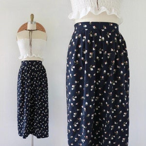 navy floral skirt - 26-30 - vintage 90s y2k womens dark blue botanical floral long size small fall cute cottage