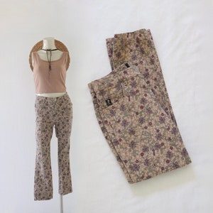 micro floral crop pants - 26 - vintage 90s y2k stretch skinny cropped trousers floral brown beige tan size small womens