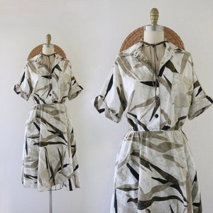 vintage cotton shirtdress - m - vintage 80s 90s abstract short sleeve dress with pockets earth tones neutral