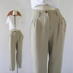 high waist wool trousers - 26 - vintage 80s 90s womens neutral size 4 earth tone size small cropped tapered flat front pants fall