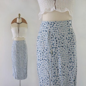 botanical wrap skirt - 26 - vintage 90s y2k blue size 4 small womens midi skirt rayon cute cottage cottagecore