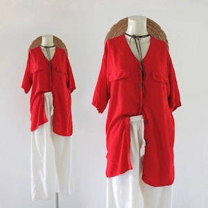 rouge button top - m - vintage 90s y2k soft rayon womens size medium short sleeve blouse shirt red