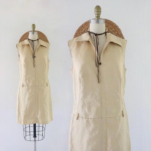 chamomile linen dress - m - vintage 90s y2k womens zip front gold beige size medium sleeveless minimal