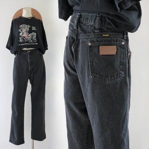worrrn wrangler jeans - 33 - vintage 90s y2k black western cowgirl cowboy jeans image 1