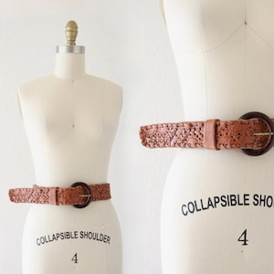 hand tooled sun leather belt - 24-32.5 - vintage 60s 70s tan beige brown wide womens handmade boho hippie belt