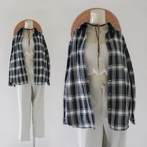 plaid button top - l - vintage 90s y2k womens size large long sleeve  cotton black white fall
