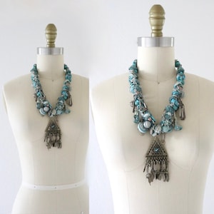 vintage artsy statement necklace - womens boho bohemian turquoise blue mixed media fringe silver hippie festival jewelry