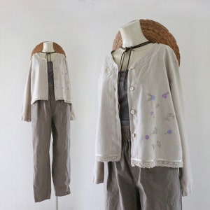 natural embroidered linen crop jacket - m - vintage 90s y2k beige eco spring summer lace trim size medium  womens