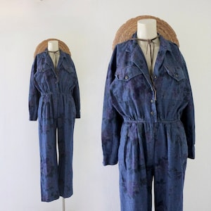 muted floral denim jumpsuit - vintage 80s 90s womens blue jean long sleeve pants jeans