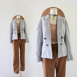 linen jacket - s - vintage 90s y2k light gray womens size small library academia blazer classic minimal