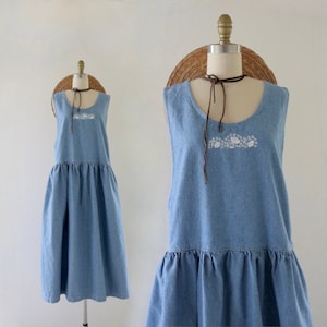 embroidered denim jumper dress m vintage blue jean floral cute cottage cottagecore size medium womens 90s y2k maxi image 1