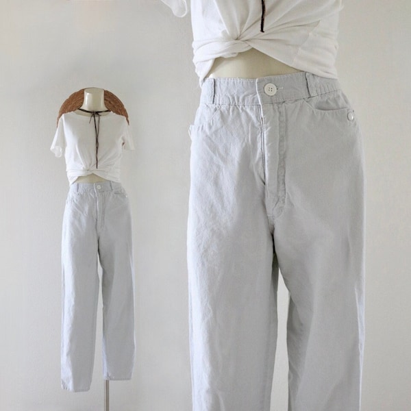 dove cotton trousers - 27 - vintage high waist size small womens vintage 80s 90s flat front pastel light gray casual weekend pants