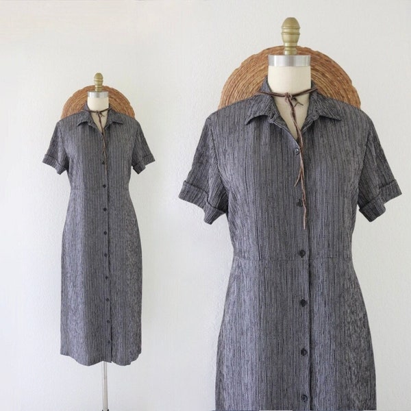 micro grid dress - m - vintage 90s y2k black white check plaid button tie back size medium minimal short sleeve spring summer dress