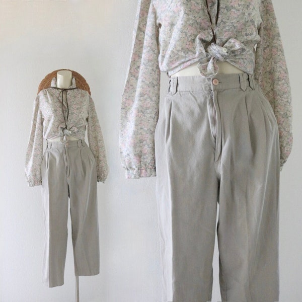imperfect (see details) high waist trousers -29-30 - vintage 90s y2k light gray hip waisted plat front cropped womens pants
