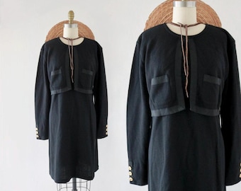 black wool dress - l - vintage 90s womens long sleeve classic minimal