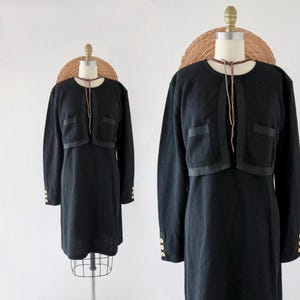 black wool dress - l - vintage 90s womens long sleeve classic minimal