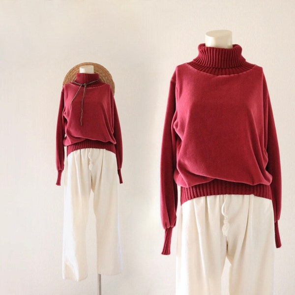 70s cherry velour turtleneck sweatshirt -  m - vintage 70s 80s red velvet cropped womens sweatshirt shirt top