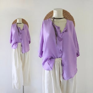 lilac button top - m - vintage 80s 90s  womens short sleeve shirt blouse