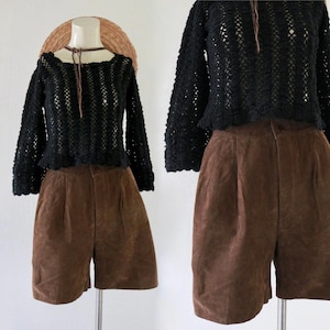 chocolate suede shorts - 29 - vintage 90s 1990s womens leather hight waist waisted pleat pleated front
