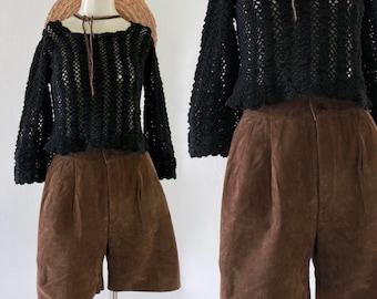 80s 90s Vintage Black Leather Shorts Hot Pants Leather Lace