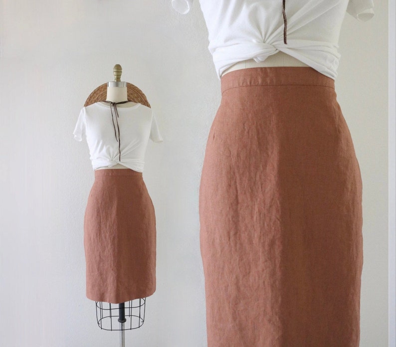 linen terra cotta skirt 29.5-31 vintage 90s y2k womens orange brown size 8 above knee minimal mini skirt image 1