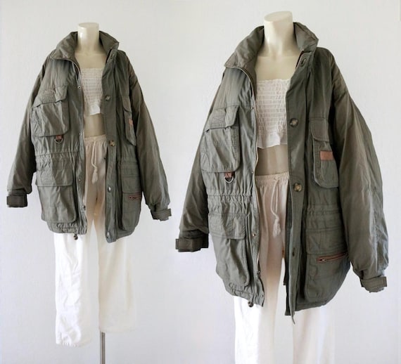 unisex padded jacket - vintage mens womens olive green streetwear utility fall winter coat