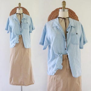 worrrn chambray button top - m - vintage womens size medium short sleeve blouse shirt