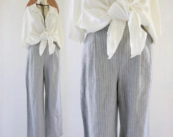 Pantalones de lino con micro rayas - talla 4 - estilo vintage para mujer