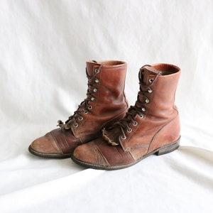 worrrn whiskey leather lace boots 7 vintage 90s brown tan beige lace western cowboy cowgirl boots Justin shoes seven image 1