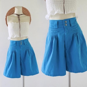 DAMAGED high waist shorts - 28 - vintage 80s 90s womens blue pleat pleated