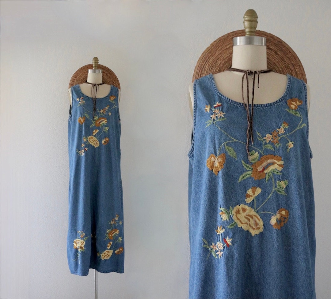 Embroidered Denim Dress M Etsy