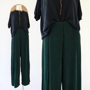 knit wide leg trousers 27-32 - vintage 90s 1990s dark green womens high waist pants size small