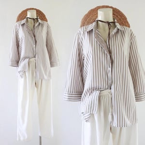 striped button top - l - vintage 90s y2k brown beige white stripe womens size large blouse shirt