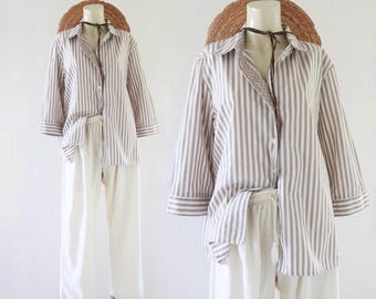 striped button top - l - vintage 90s y2k brown beige white stripe womens size large blouse shirt
