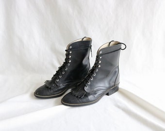 USA black leather lace boots - 7.5/8 - vintage 90s lace western cowboy cowgirl boots Justin shoes roper ropers