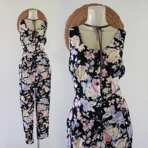botanical cotton jumpsuit - s - vintage 80s 1980s floral womens sleeveless pants size 6 cute cottage core